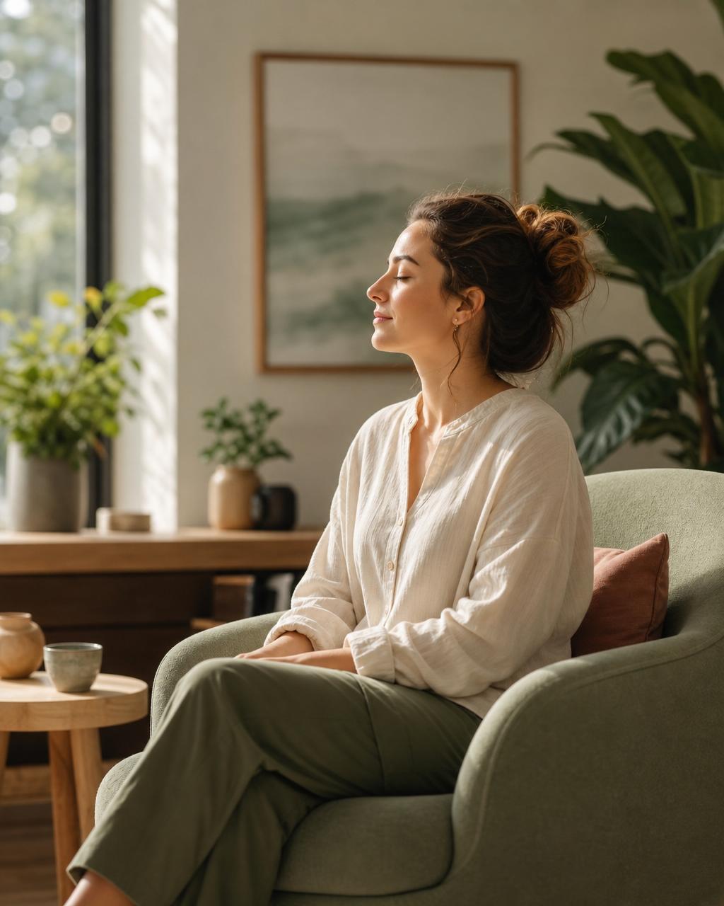 A person resting peacefully in a calm counseling space