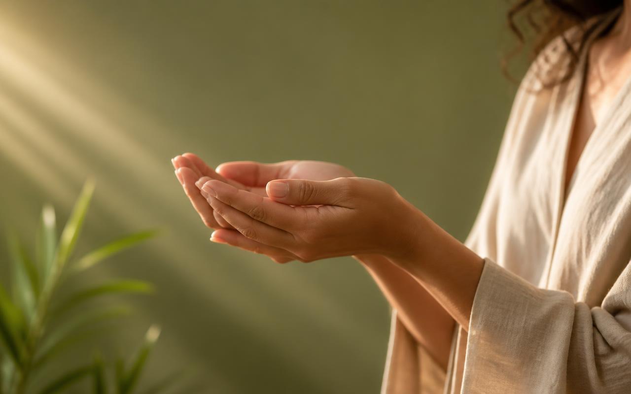Woman in a linen robe holding hands in a mindful, open gesture in warm morning light