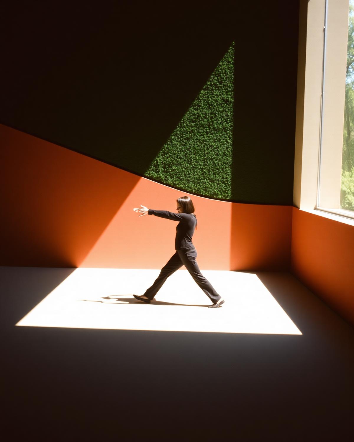 A woman stretching in a sunlit, modern movement studio