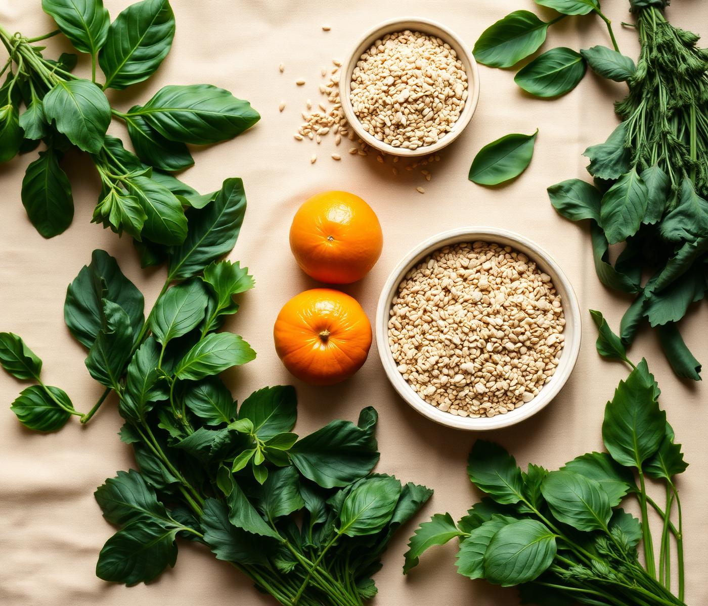 Fresh greens, whole grains, and citrus arranged for healthy eating