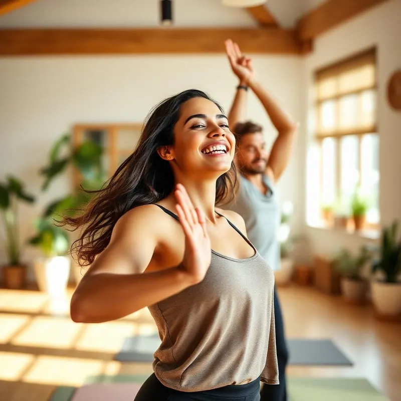 Two people enjoying a bright, energizing exercise class